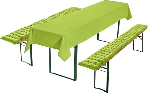 REDBEST Bierbank-Auflagen und Tischdecke 3-teilig apfelgrün Größe 110x260 cm - strapazierstark und langlebig, bequemer Sitzkomfort, mit elastischen Bändern