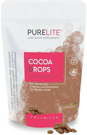PURELITE Cocoa Drops cioccolato 450g, gocce di cioccolato al latte intero senza zuccheri aggiunti, eritritolo e stevia senza retrogusto, con il 77% di calorie in meno