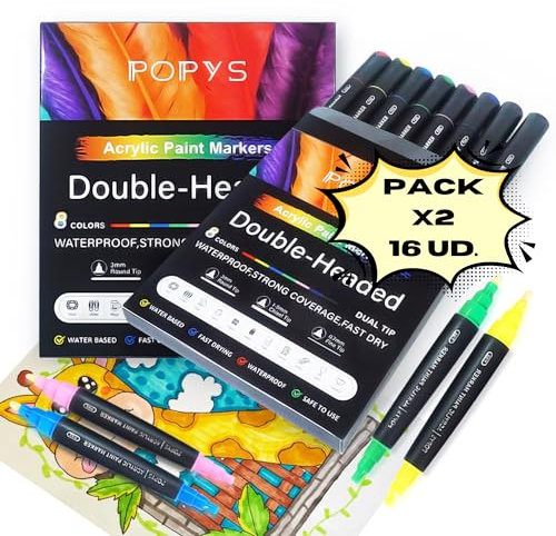 POPYS® Pack 16 Rotuladores Tiza Líquida con 3 Puntas Reversibles (3mm, 1-5mm y 0,7mm) | Marcador de Borrable en Seco o Húmedo para Pizarra, Pizarra Negra, Cristal, Ventanas (16 Rotuladores).