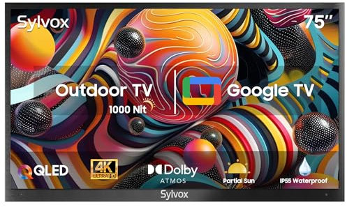 SYLVOX 75 Zoll Outdoor Fernseher, IP55 Wasserdicht Outdoor TV, Smart QLED Google TV, 4K UHD, Dolby Atmos, Support Google Assistant, Voice Assistant, 1000 nits Partial Sun Außenbereich TVS (2024 Model)