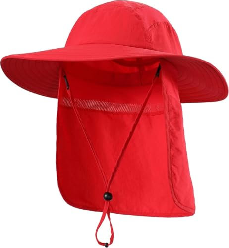 Magracy Herren UPF 50+ Sonnenhut mit Nackenschutz breite Krempe Netzstoff Safari-Hut Wandern Angeln Hut faltbar Damen Rot