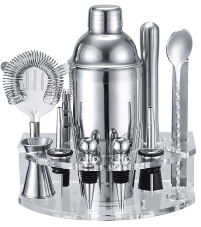 Lebarstor Kit Shaker à Cocktail avec Support, Kit Cocktail 12 Pièces en Acier Inoxydable avec Shaker Cocktail de 750ML, Doseur Cocktail Set pour Bar à Domicile, Fête, Mariage, Célébration, CFL-002
