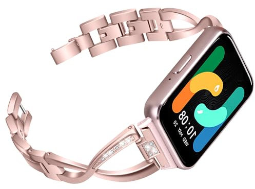 KUTEWEU Bracelet Femme pour Samsung Galaxy Fit 3 SM-R390, Bling Diamant Acier Inoxydable Bracelets de Remplacement Métal pour Samsung Galaxy Fit 3 SM-R390 Tracker de Fitness (Rose)