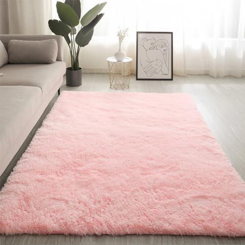 Swsen Tapis de Salon Shaggy Ultra Doux - Moelleux et Lavable - Tapis Moderne pour Chambre avec Dessous Antidérapant, 60 x 90 cm, Rose