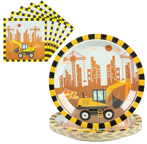 50 Pack Paper Plates and Napkins Party Supplies 7inch 25 *Party Dessert Plates & 25 * 6.5inch Napkins Birthday Baby Showers and Wedding Party Decorations (Dump Truck)