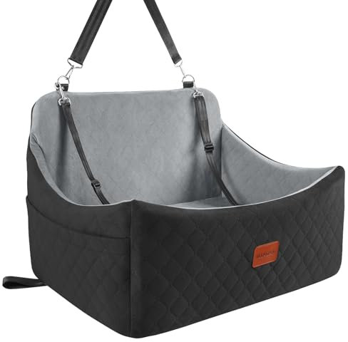 Wooaidagg Dog Car Seat for Large Size Dog,Super Soft Car Dog Bed Filling in Memory Foam and 3 Adjustable Straps,Washable Car Seat for Dogs with Safety Belt Loops and Storage Pocket(Black/Grey,Large)
