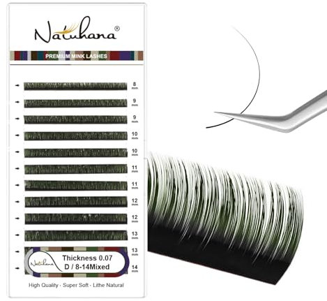 NATUHANA Couleur Extension Cils 0.07mm D Curl 8-14mm Mixte Colorés Individuel Volume Russe Naturel Faux Cils Professionnel Eyelash Extensions (Noir+vert;0.07 D, 8-14 mm)