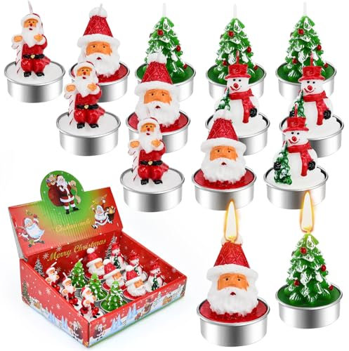 BUZIFU 12 Pz Candele Natalizie Non Profumate Fatte a Mano Tealight a Forma di Babbo Natale, Albero di Natale, Pigne, Pupazzo di Neve, Casetta per Decorazione Domestica
