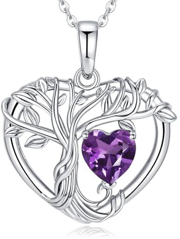 LOCIBLO Tree of Life Necklaces for Women 925 Sterling Silver Heart Pendant White Gold Purple Synthetic Amethyst Necklace February Birthstone Jewellery for Her, 18+2