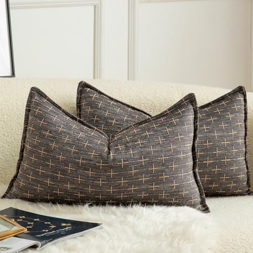 Mandioo 2er Set Kissenbezug Hanftuch Weben Textur Modern Bauernhaus Kissenbezüge Kissenhülle Dekorieren Zierkissenbezug Sie Wohnzimmer Sofa Schlafzimmer Bett 40x60cm Dunkelgrau