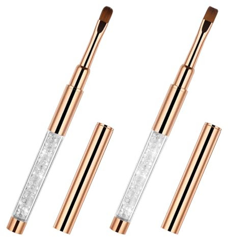 PEOVLVN 2 Pcs Gel Brushes for Nails, Oval & Flat UV Gel Nail Brush Rhinestone Handle Nail Art Design Brushes Professional Nail Art Tools Builder Gel Brush for Acrylic Nails Extension