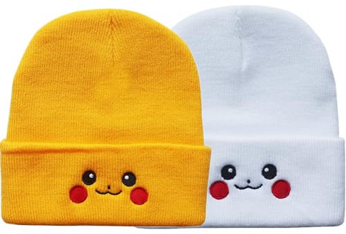 LANLYLGQ 2Stück Beanie Unisex Herren Damen Wintermütze Strickmütze Warmmütze Skimütze Stickerei Ente Smiley Face (Gelb+Weiß Pika)