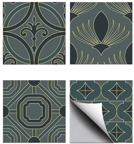 CHGCRAFT 36Pz 4 Stile Adesivi per Piastrelle 10x10cm Bordi dorati vintage piastrelle decorative con piastrelle impermeabili con motivi quadrati con fiori per la parete del bagno in cucina, geometria