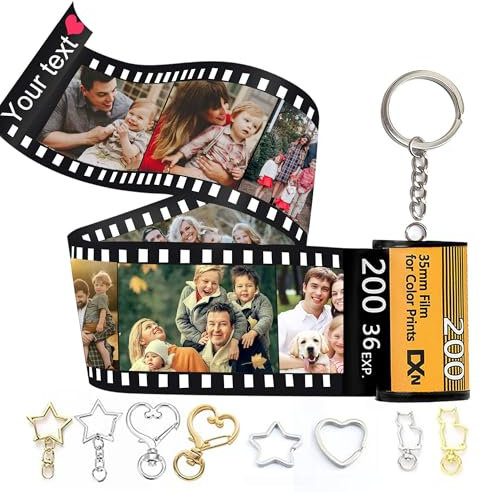 WolunLi Personalisierter Schlüsselanhänger mit Foto und Text Kamera Filmrolle Fotoalbum Schlüsselbund Bild Geschenk für Herren Damen Familien Weihnacht Geburtstag Valentinstag 20 Fotos