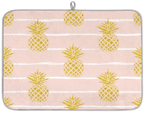 Tapete absorbente de secado de platos a rayas de frutas para encimera de cocina, 18 x 24 pulgadas, tapete escurridor de platos de microfibra de secado rápido, color rosa piña