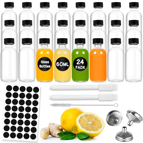 Gucass 24 x Mini Botellas de Cristal 60ml, Botellitas Pequeñas Para Rellenar Embudos, Etiquetas y Bolígrafo, Shots Botellitas Set para Jugo, Jugo de Jengibre, Wellness Shot, Whiskey y Especias