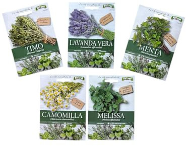 FIORAL-OFFERTA 5 BUSTE Di Semi Da Piantare-Timo, Lavanda Vera, Menta, Camomilla comune, Melissa. Sementi Selezionate e di Alta Qualità. L'ortolano Fioral.