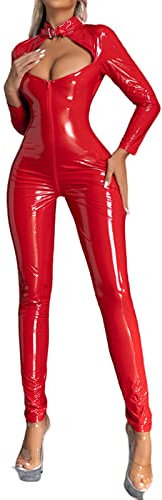 Femmes Grande Taille Haute Élastique PU Clair Huile Lumineuse Boîte de Nuit Fermeture éclair Manches Longues Collants Lingerie avec Jarretelles, rouge, 3XL