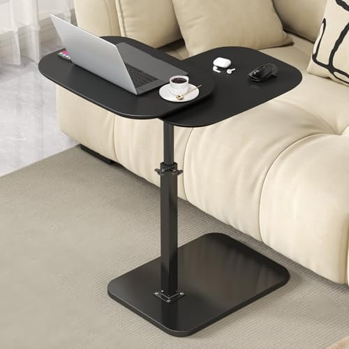 Adjustable Height C Shaped Side Table, 360°Swivel Bedside Table, Double Tabletop Laptop TV Tray Table Narrow End Table for Sofa/Bed, Lifting Coffee Snack Tables for Living Room Bedroom (black)