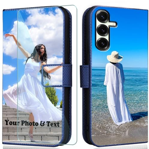 WISTFULNAI Personalisierte Leder Handyhülle + 1 Stück Schutz Glas für Samsung Galaxy A16,Individuelle Text Bildern Flip Klapphüllen,Hülle mit Foto für Samsung Galaxy A16 - Blue-ZW