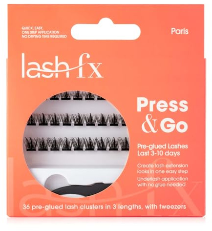 Lash FX Press & Go Pre-Glued Cluster Lashes - Paris: Spiky and stylish, featuring a black band for a flawless look. 36 clusters in 3 lengths with tweezers