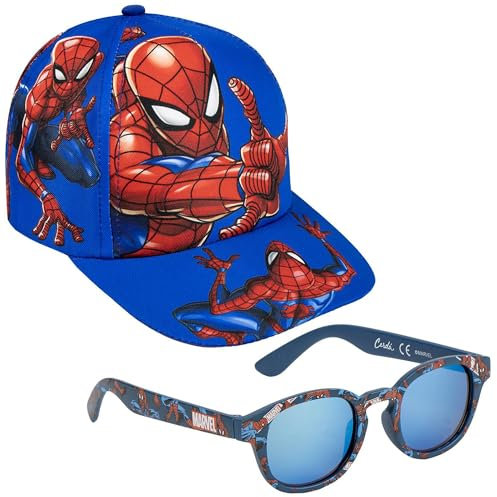 Sommer-Set für Kinder – Cap mit geradem Schirm + Sonnenbrille – Einheitsgröße für 4–10 Jahre – UV-Schutz – Superhelden-Design in Rot-Blau