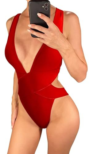 Faringoto Costume da bagno intero da donna con scollo a V profondo incrociato sulla schiena, costume da bagno con coppe imbottite, taglio sgambato