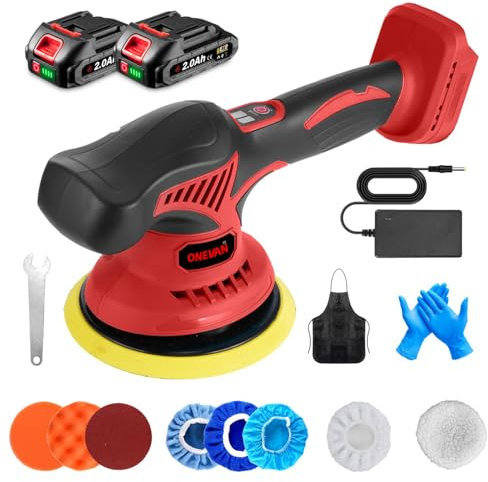 ONEVAN polisseuse voiture sans fil, 20V 150mm polisseuse orbitale a batterie, 8 vitesses, orbite aléatoire 9 mm, écran LCD, lustreuse polisseuse voiture, polisseuse batterie avec 2 batteries 2,0Ah