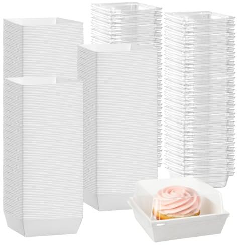 CHEUKYIU 100 Stück Kuchen Transportbox Pappe, 12 x 12 x 6cm Kuchenschachteln mit Transparentem Deckel, Weiß Cupcake Box für Desserts, Muffins, Torten