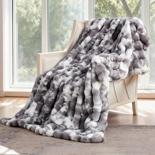 SAPHREAS Kuscheldecke Flauschige 130x150, Furry Bubble Kunstpelz Decke Oeko-Tex Zertifiziert Dicke & Warme Sofadecke für Bett Couch Schlafzimmer Deko Plüschdecke Tie-Dye Grau