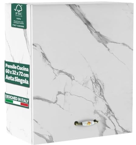 Shally Dogan Pensile da Cucina a Parete, Armadio Sospeso in Legno con Anta Singola 1 Ripiano e 2 Scomparti, Armadietto da Muro Spazioso e Resistente, Dimensioni 60 x 32 x 72H cm (Marmo)
