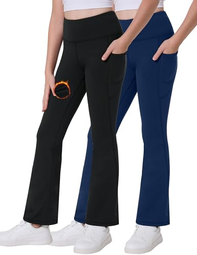 Desol Pantaloni termici da ragazza con tasche per adolescenti, pantaloni sportivi e leggings flared per sport, pantaloni da ginnastica e pantaloni da jogging, nero/blu, 7-8 Anni