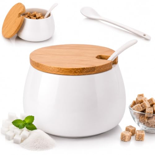 OMAGO® Zuckerstreuer, weiß, geräumiger Zuckerstreuer mit Löffel, Porzellan, Bambus, runder Zuckerbehälter, moderner Stil