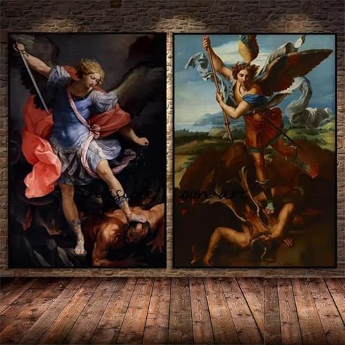 Baibexing Stück Vintage Saint Michael Archangel Besiegt Satan Leinwand Malerei Wandkunst Poster Religiöse Drucke Für Wohnkultur 40X60Cmx2Pcs Kein Rahmen