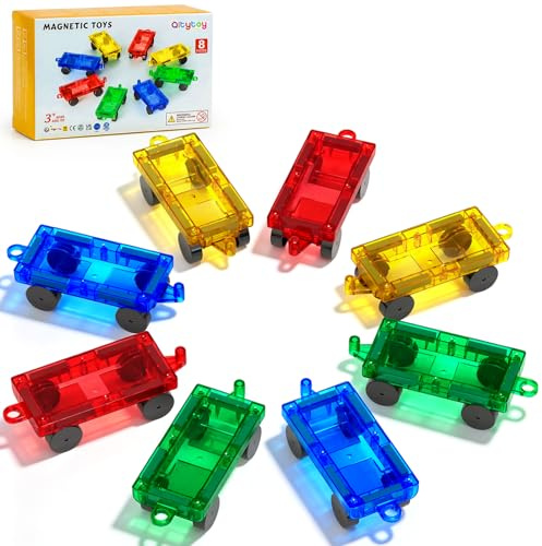 Qltytoy Mini Magnetic Tiles Cars 8PCS Construction Set for Mini,Major Tiles | Magnetic Cars Toys for 3+ Years Boy Girls Kids,STEM Pocket Travel Toys for Airplane,Car Christmas Birthday Gifts(3.85x1.47'')