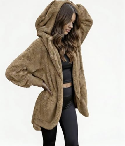 Outtek Cozy Soft Fleece Hooded Open Front Cardigan Jacket Tan