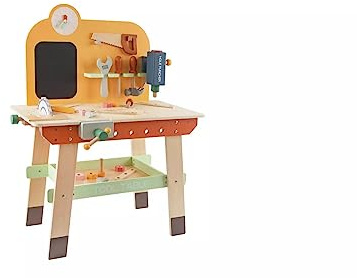 Wooden Kids Tool Bench, Pretend Play Workbench with Toy Tools, Chalkboard and Storage Shelf