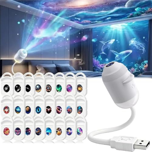 Projecteur holographique HD Intelligent Dynamique 5D, projecteur Galaxie rêve Rotatif 360°, veilleuse Projection Ciel étoilé, branchement Direct, Alimentation USB (24 Films) [Classe énergétique A]