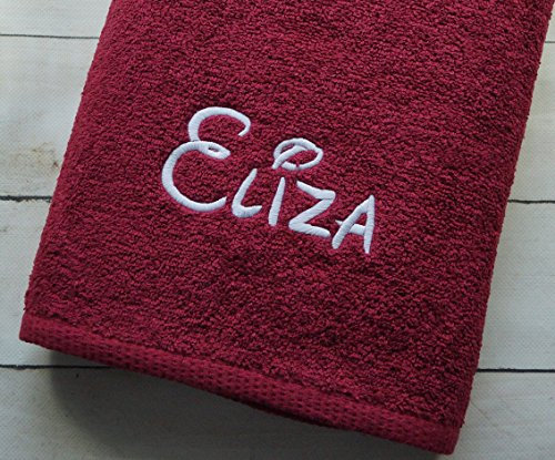 Duschtuch personalisiert mit Namen Frottier weinrot Bordeaux dunkelrot Bestickt 70x140 Badehandtuch Baumwolle Namenshandtuch weich Geschenk Hochzeit Geburtstag (70 x 140 cm, Weinrot) (140226)
