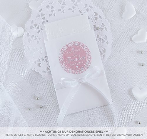Freuden Tränen Taschentücher Set zur Hochzeit Groß 48 Sticker + 48 weiße Flachbeutel - 63 x 93 mm für Freudentränen Taschentuch Verpackungen Aufkleber in ROSA mit Ornamenten im Shabby Chic Look