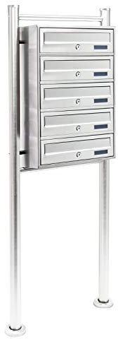 Wiltec 5er Briefkastenanlage Edelstahl 513 x 270 x 1500 mm, Standbriefkasten mit 5 Fächern, Schlüssel und Namensschild, Briefkasten Postkasten mit Ständer