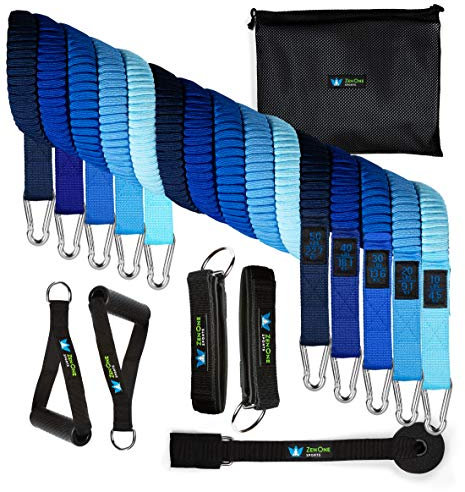 ZenOne Sports Fitnessband Bands Set ZenBands Fabric mit E-Book I 5 Fitnessbänder Tubes Bänder, Griffe, Türanker, Fußschlaufen + Einstiegsguide I Gymnastikband Fitness Expander Set für Zuhause (Blau)