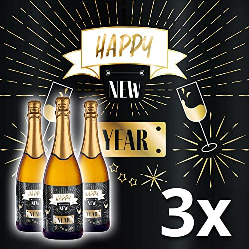 3x Set Flaschenetikett HAPPY NEW YEAR Flaschen-Aufkleber für Sylvester, Flaschen Etiketten für Neujahres-Feiern, Sylvester Partys, Neujahres-Geschenk Mitbringsel