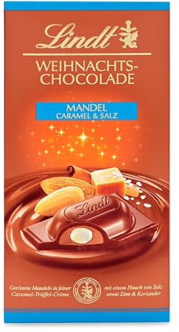 Lindt Schokolade | Weihnachts-Schokoladentafel Mandel, Caramel & Salz | 100g | Vollmilchschokolade mit Mandeln, Caramel & Meersalz | festliche Weihnachtsschokolade