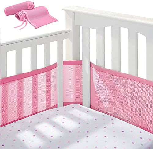 2 Seitiges Baby Nestchen Bettumrandung,Nestchen für Kinderbetten Breathable Netzgewebe,Babybett Umrandungen für 4 Seitige Kinderbett in Voller GrößE (Rosa)