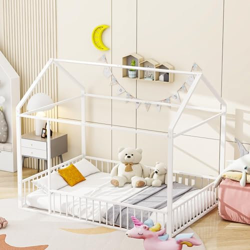 SOFTWEARY Kinderbett mit Rausfallschutz, 140x200cm, Hausbett, Metallbett ohne Lattenrost, Doppelbett, Jugendbett