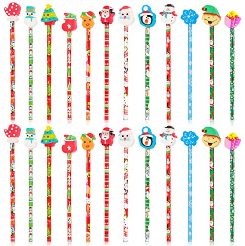 Qpout 24 Stück Weihnachten Bleistifte mit 24pcs Radiergummi, Weihnachtsstifte für Kinder, Weihnachten Bleistifte und Radiergummi, Weihnachtsstifte für Kinder Geschenke Tasche Füller