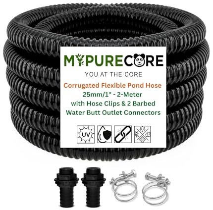 Premium Corrugated Flexible Hose Pond Pipe Set 25mm / 1– 2-Meter with 2 Double-Wired Hose Clips and 2 Heavy Duty Plastic Barbed Water Butt Tank Outlet Connectors Pipe - Black. Set by MYPURECORE