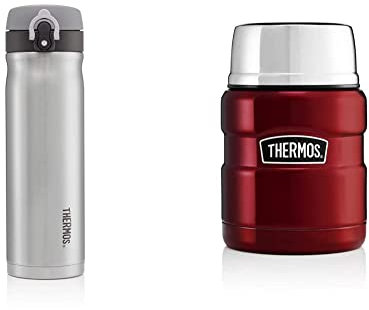 Thermos Stainless Steel Direct Drink Flask, Grey - 500 ml & 184807 Stainless King Food Flask, Cranberry Red, 0.47 L