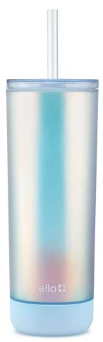 Ello Monterey - Vaso de plástico aislado de doble pared con popote y posavasos integrados, sin BPA, 24 onzas, azul